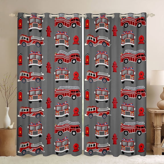 Erosebridal Cartoon Fire Engine Black Out Curtains, Truck Theme Curtains Pack of 2 (42x63 Each) for Boys, Red Gray