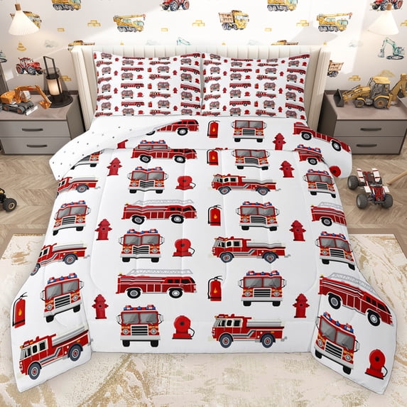 Erosebridal Cartoon Fire Engine Full Size Comforter Sets, Truck Theme Bedding Sets for Boys, Red White, Reversible, 1 Comforter and 2 Pillowcases