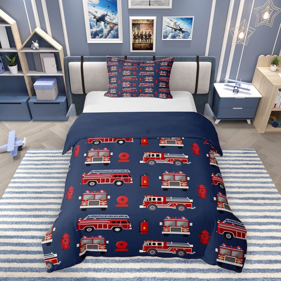 Erosebridal Cartoon Fire Engine Twin Bedding, Truck Theme Duvet Cover Set for Boys, Red Navy, Navy Reversible, 1 Duvet Cover and 1 Pillowcase (No Comforter)