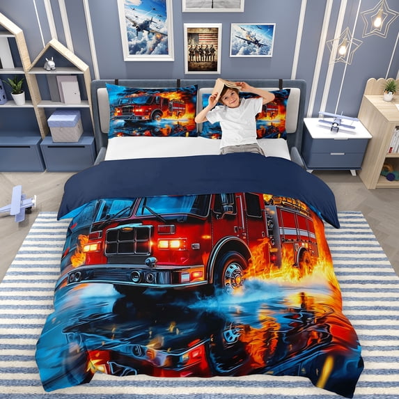 Erosebridal Cartoon Fire Truck Queen Duvet Cover Set for Kids Boys, , Navy Reversible, 1 Duvet Cover and 2 Pillowcases (No Comforter)