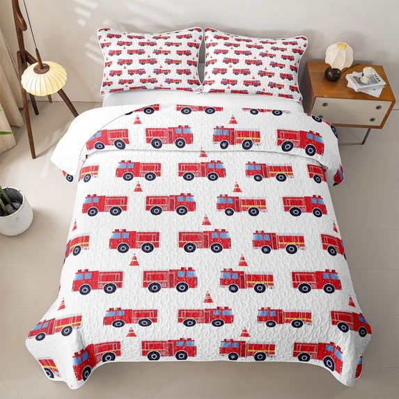 Erosebridal Cartoon Fire Truck Quilt Full,Red Vehicle Full Bedspread Sets For Boys,3 Pieces