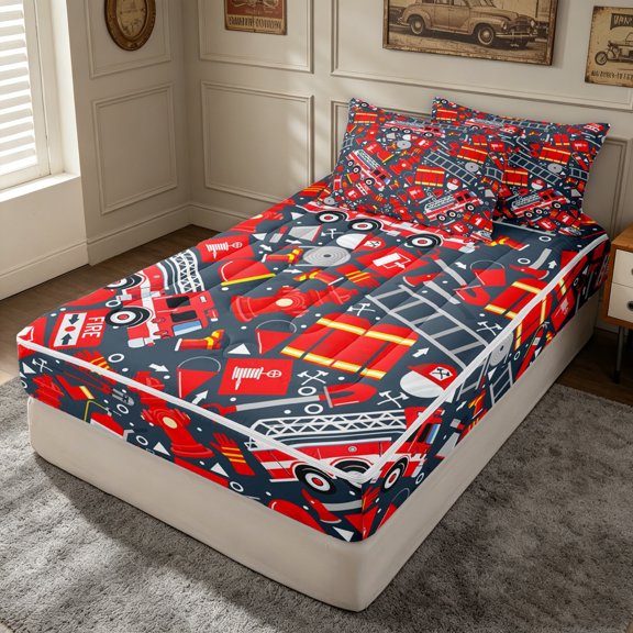 Erosebridal Cartoon Fire Truck Zipper Twin Comforter Sets with Fitted Sheet and 2 Pillowcases for Boys Men, Fire Hydrant Print Zipper Bedding Set, Red Gray, Reversible, 4 Pieces