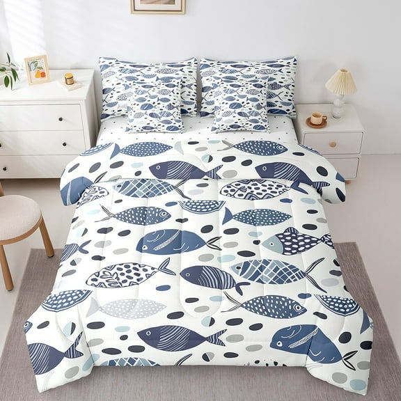 Erosebridal Cartoon Fish Bed in a Bag Twin size, Rustic Fishing Bedding Twin Size, Teenager Boys Girls Reversible Bed Set, Super Cozy Bedroom Decor, 7pcs