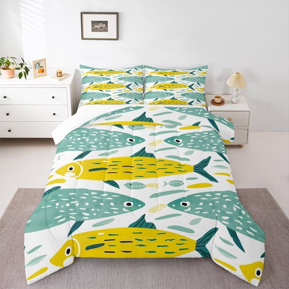 Erosebridal Cartoon Fish Bedding Sets Twin with Comforter, Rustic Fishing Bedding Twin Comforter Set, Cartoon Theme Duvet Insert, Microfiber Bedroom Decor, 2 Pieces