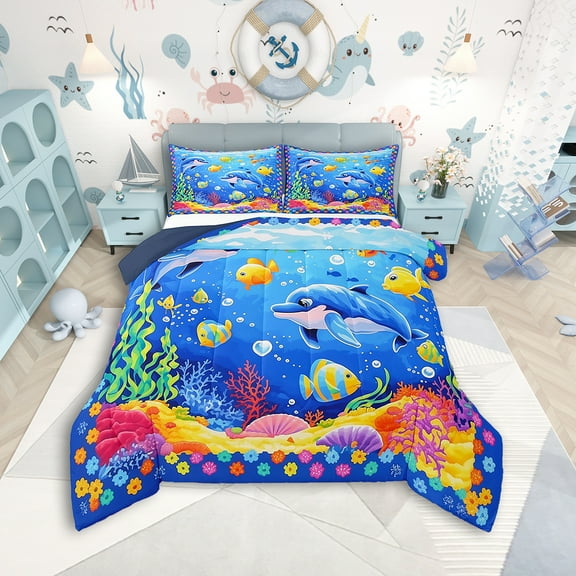 Erosebridal Cartoon Fish Comforter Set Twin Size Cute Dolphin Ocean Animals Bedding Set Sea Creatures Theme Flowers Comforter Marine life Sealife Quilt Set