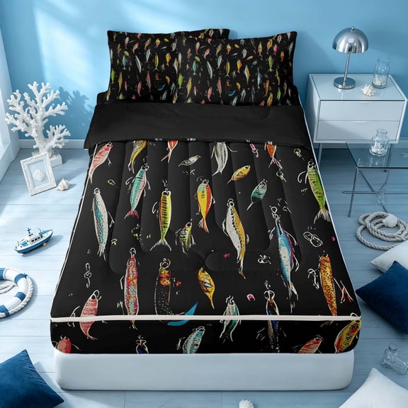 Erosebridal Cartoon Fish Zipper Twin Comforter Sets with Fitted Sheet and 2 Pillowcases, Cute Wildlife Zipper Bedding Set, Black Reversible