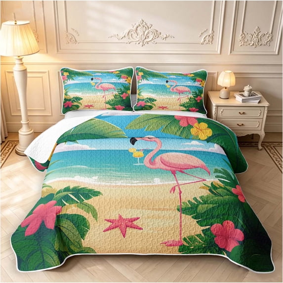 Erosebridal Cartoon Flamingo Animals Quilt King,Dreamy Ocean King Coverlet Set,Green Blue,3-Piece,1 Bedspread and 2 Pillowcases