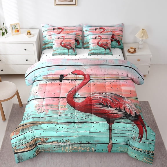Erosebridal Cartoon Flamingo Bed in a Bag Full size, Rustic House Bed Set, Wooden Plank Reversible Bedding Full Size, Ultra Soft Bedroom Decoration, 7pcs