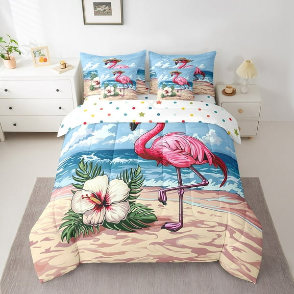 Erosebridal Cartoon Flamingo Bedding Full Size, Flower Floral Bed in a Bag Full size, Beach Decor, Reversible 7 Pieces
