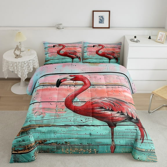 Erosebridal Cartoon Flamingo Bedding Sets Twin with Comforter, Rustic House Comforter Sets Twin Size, Wooden Plank Reversible Down Comforter, Ultra Soft Bedroom Decoration, 2pcs