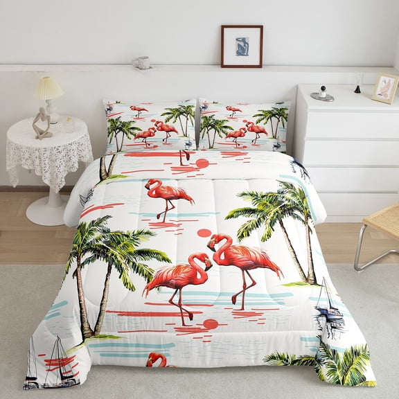 Erosebridal Cartoon Flamingo Bedding Sets Twin with Comforter, Coconut Tree Duvet Insert, Tropical Plant Decor, Ultra Soft 2pcs