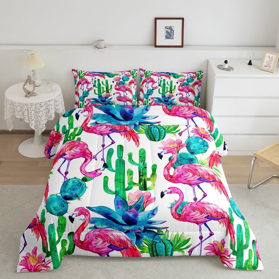 Erosebridal Cartoon Flamingo Comforter Sets Twin Size, Cactus Plant Comforters & Duvets. Cute Animal Decor, 2pcs