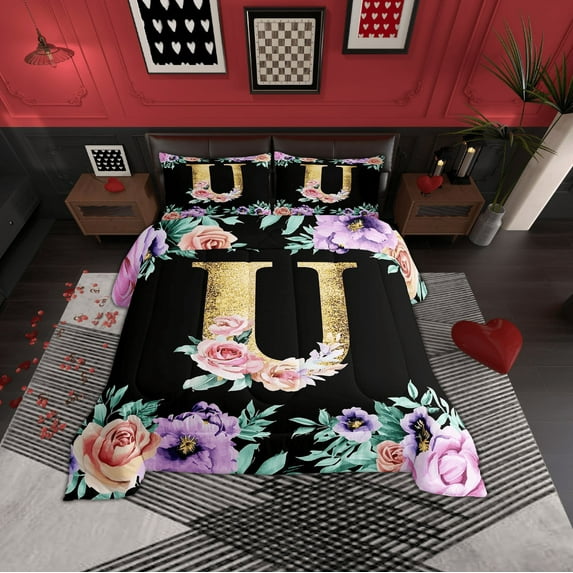 Erosebridal Cartoon Flower Bedding Full Comforter Set, Vintage Floral Down Comforter, Monogrammed U Reversible Comforters & Duvets, Microfiber Bedroom Decor, 3-Piece