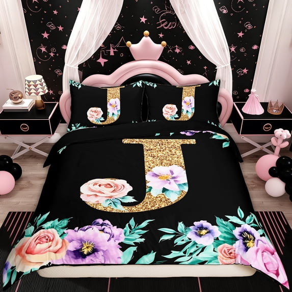 Erosebridal Cartoon Flower Floral Comforter Cover Twin for Women Girls, Vintage Monogrammed J Black Reversible Bedding Twin Size, 1 Duvet Cover and 1 Pillowcase (No Comforter)