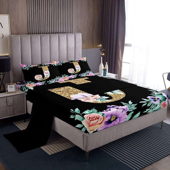 Erosebridal Cartoon Flower Sheet Set Twin, Vintage Floral Twin Sheet Sets, Monogrammed J Bedding Sets Twin Size, Microfiber Bedroom Decor, 3pcs