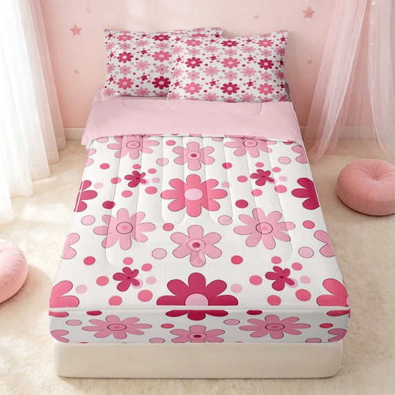 Erosebridal Cartoon Flower Zipper Full Size Comforter Sets with Fitted Sheet and 2 Pillowcases, Groovy Blossom Zipper Bedding Set, Pink Reversible, Rose Magenta, Pink Reversible