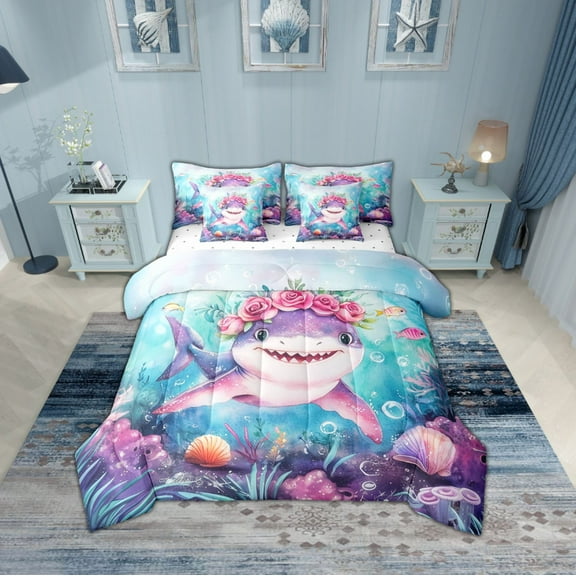 Erosebridal Sea Shark Bedding Sets Twin Size,Sea Animal Comforter Sets with Sheets,Teenager Bedroom Decor,Breathable,7pcs