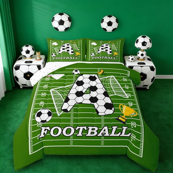 Erosebridal Cartoon Football Court Queen Comforter Set,Kawaii A Alphabet Bedding Comforter Set For Soccer Lovers,Reversible 3-Piece