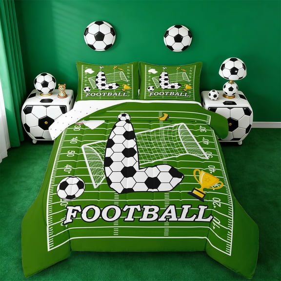 Erosebridal Cartoon Football Court Queen Comforter Set,Kawaii L Alphabet Bedding Comforter Set For Soccer Lovers,Reversible 3pcs