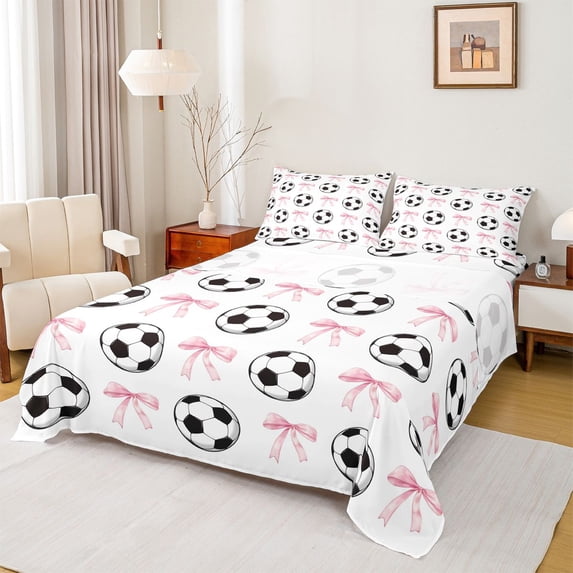 Erosebridal Cartoon Football Print Girls Bed Sheets,Kawaii Bows Cute Bow-Tie King Sheets For Kids 4 Pieces