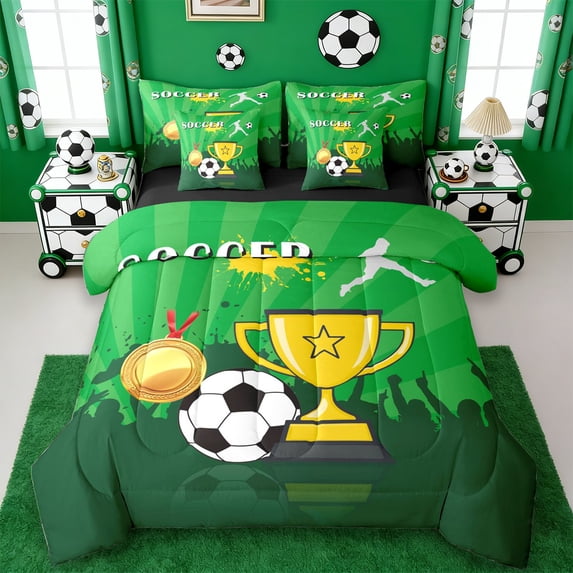 Erosebridal Cartoon Football Trophy Kids 7-Piece Twin Bedding Sets,Soccer Sport Ball Games Bedding Comforter Set For Boys,Reversible Black
