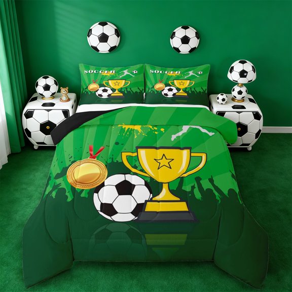 Erosebridal Cartoon Football Trophy Kids Queen Comforter Set,Soccer Sport Ball Games Bedding Comforter Set For Boys,Reversible Black 3 Pieces