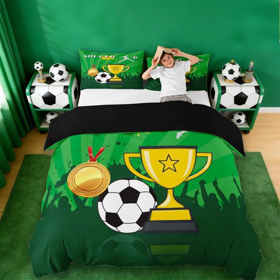 Erosebridal Cartoon Football Trophy Kids Queen Duvet Cover Set,Soccer Sport Ball Games Bedding For Boys,Reversible Black 3 Pieces,No Comforter