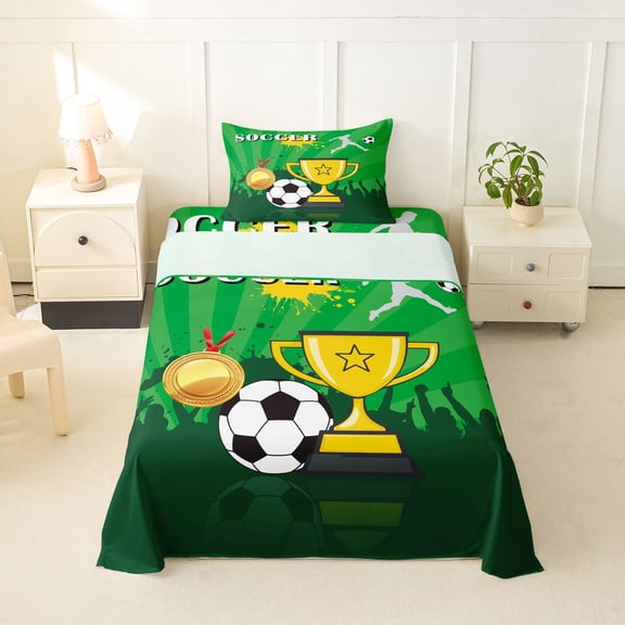 Erosebridal Cartoon Football Trophy Kids Twin Sheet Sets,Soccer Sport Ball Games Bedding For Boys 3pcs