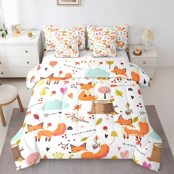 Erosebridal Cartoon Fox Bedding Sets Twin Size,Botanical Flower Leaf Comforter Sets with Sheets,Room Decorative,7pcs