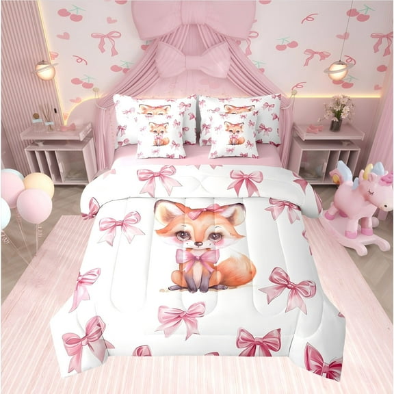 Erosebridal Cartoon Fox Bedding Twin Comforter Set, Pink Bow-tie Down Comforter, Cute Animal Decor, Reversible