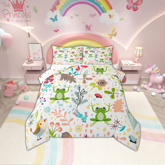 Erosebridal Cartoon Frog Bed Comforter Set Twin Cute Tropical Animal Comforter Set,Kawaii Floral Green Frog Bedding Set Woodland Leaves Flower Butterfly Quilt Duvet 1 Pillow Case