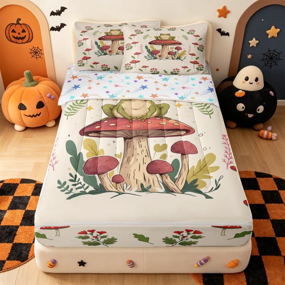 Erosebridal Cartoon Frog Zipper Twin Comforter Sets with Fitted Sheet and 2 Pillowcases,Red Rustic Botanical Mushroom Zipper Bedding Set For Girls,Colorful Stars Reversible,4-Piece