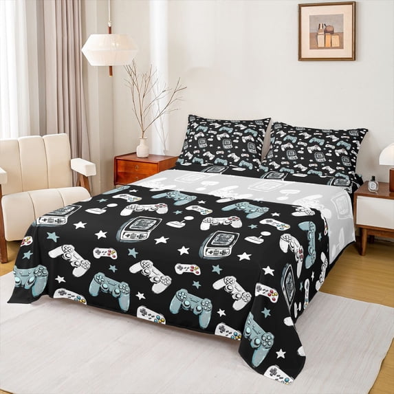 Erosebridal Cartoon Gamepad Full Size Sheets for Kids, Video Gaming Bed Sheets, 4-Piece