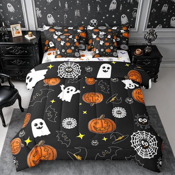 Erosebridal Cartoon Ghost Bats King Bedding 7pcs,Halloween Spooky Animal King Bed in a Bag,Black,Reversible