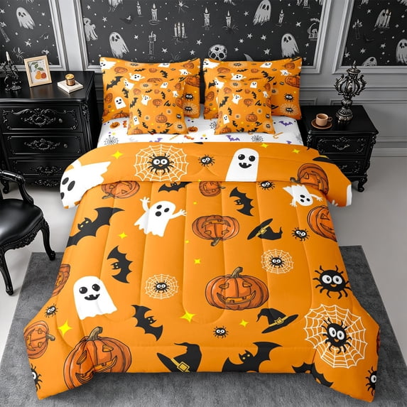 Erosebridal Cartoon Ghost Bats Queen Bedding 7pcs,Halloween Spooky Animal Bedding Comforter Set Queen,Orange,Reversible