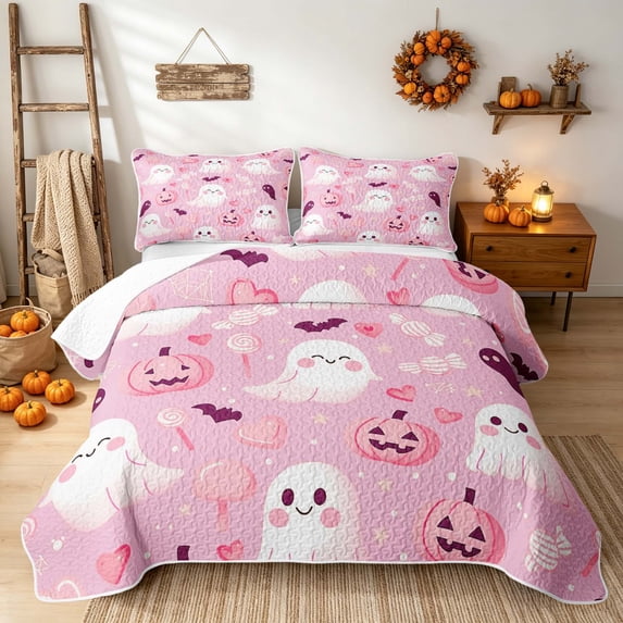 Erosebridal Cartoon Ghost Bed Spread Queen, Cute Halloween Heart Queen Coverlet Set for Girls, Light Pink White, 3 Pieces 1 Quilt and 2 Pillowcases
