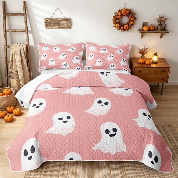 Erosebridal Cartoon Ghost Bed Spread Queen, Cute Spooky Animal Queen Coverlet Set for Girls, Light Pink White, 3-Piece 1 Quilt and 2 Pillowcases