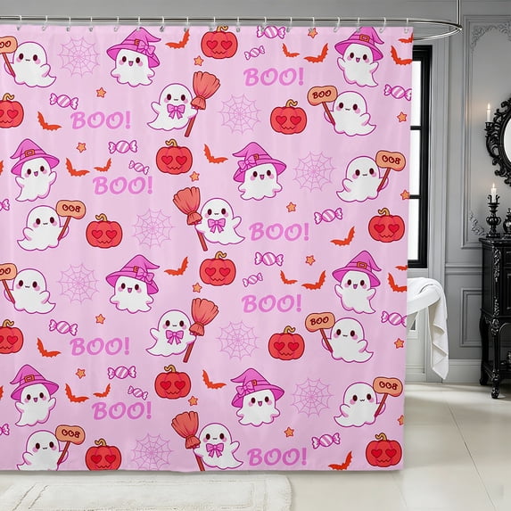 Erosebridal Cartoon Ghost Pumpkin Shower Curtain 72Wx72L,Happy Halloween Bathroom Curtain,Blush