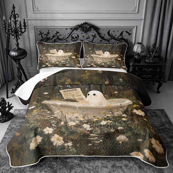 Erosebridal Cartoon Ghost Reading Twin Quilt Set 2 Pieces,Halloween Flowers Butterflies Twin Coverlet Set,Green,1 Bedspread and 1 Pillowcase