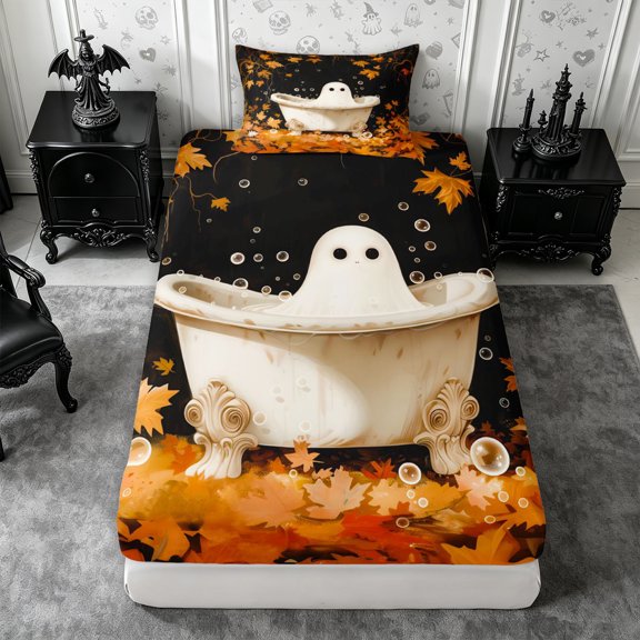 Erosebridal Cartoon Ghost Twin Fitted Sheet 2 Pieces,Happy Halloween Bedding,Black,1 Fitted Sheet and 1 Pillowcase