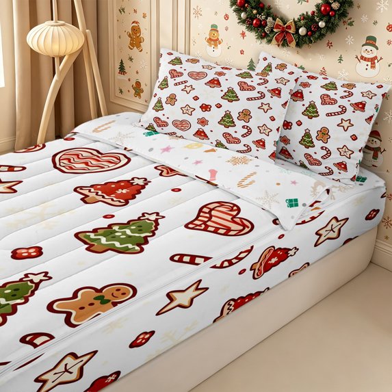 Erosebridal Cartoon Gingerbread Pattern Zipper Full Size Comforter Sets with Fitted Sheet and 2 Pillowcases,Sweet Christmas Zipper Bedding Set,White,Reversible