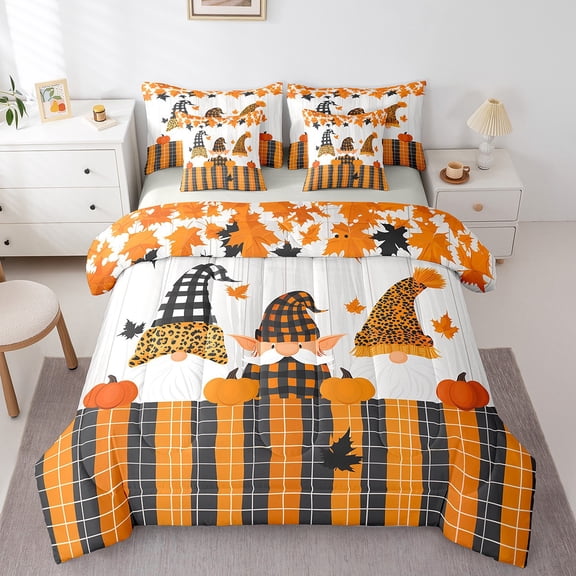 Erosebridal Cartoon Gnome Bedding Sets,Autumn Harvest Pumpkin Maple Comforter Sets with Sheets,Orange Black Plaid Bed in a Bag Full Size For Boys Kids,Lightweight Room Decor Reversible,7-Piece
