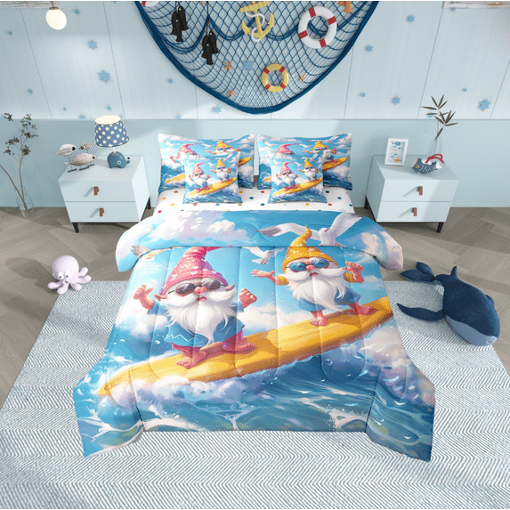Erosebridal Cartoon Gnome Bedding Sets Twin Size,Ocean Surfing Comforter Sets with Sheets,Marine Sea Bed in a Bag Twin size,Lightweight Kawaii Bedroom Decoration,Reversible,7-Piece