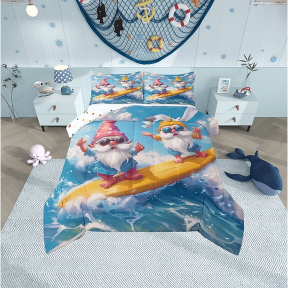 Erosebridal Cartoon Gnome Bedding Twin Comforter Set,Ocean Surfing Down Comforter,Marine Sea Bedding Sets Twin With Comforter,Lightweight Kawaii Bedroom Decoration,Reversible,2-Piece