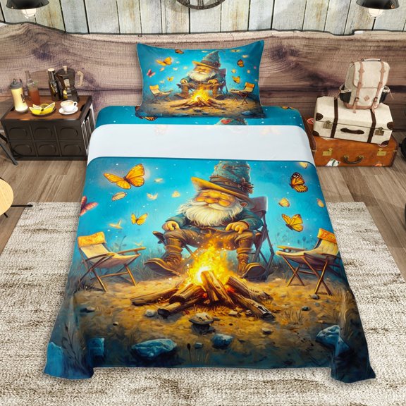 Erosebridal Cartoon Gnome Butterflies Twin Sheet Sets 3pcs for Kids Teens,Camping Theme Bedding for Boys Girls,Lightweight Room Decor