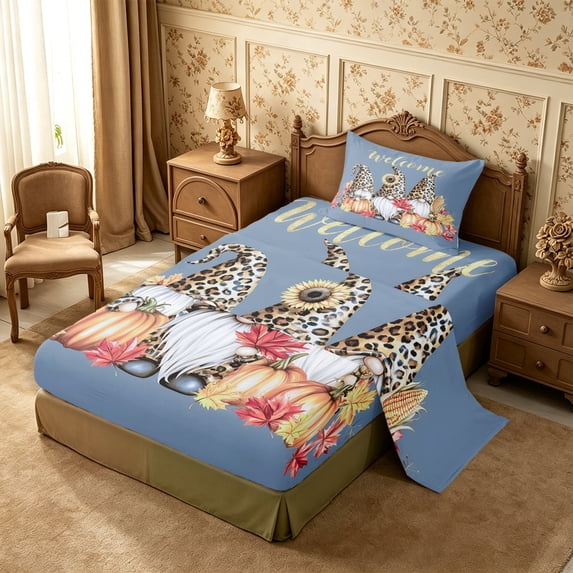 Erosebridal Cartoon Gnome Twin Sheets 3pcs,Autumn Pumpkin Harvest Bedding,Blue,1 Flat Sheet, 1 Fitted Sheet and 1 Pillowcase