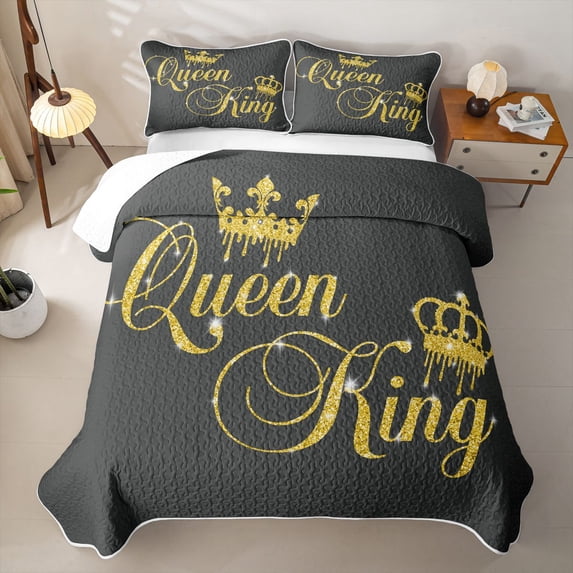 Erosebridal Cartoon Gold Crown Quilt Full,Queen And King Sparkle Print Full Bedspread Sets For Girls,3-Piece