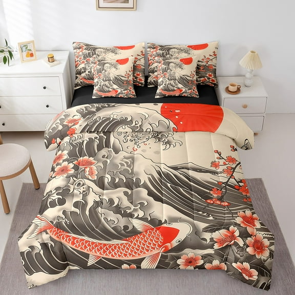 Erosebridal Cartoon Goldfish Bedding Sets Twin Size, Tokyo Style Comforter Sets with Sheets, Sea Waves Decor, Reversible 7 Pieces