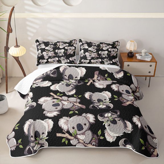 Erosebridal Cartoon Gray Koala Bed Spread Queen for Boys Girls, Eucalyptus Branch Leaf Queen Coverlet Set, 3-Piece