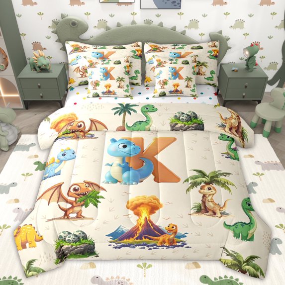 Erosebridal Cartoon Green Dinosaur Twin Bedding Sets for Kids, Cartoon K Letter Bedding Comforter Set, Polka Dots Reversible, 7pcs